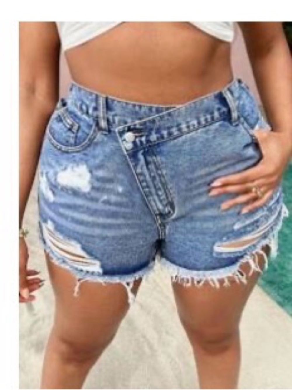 High-Rise Distressed Denim Shorts - Blue